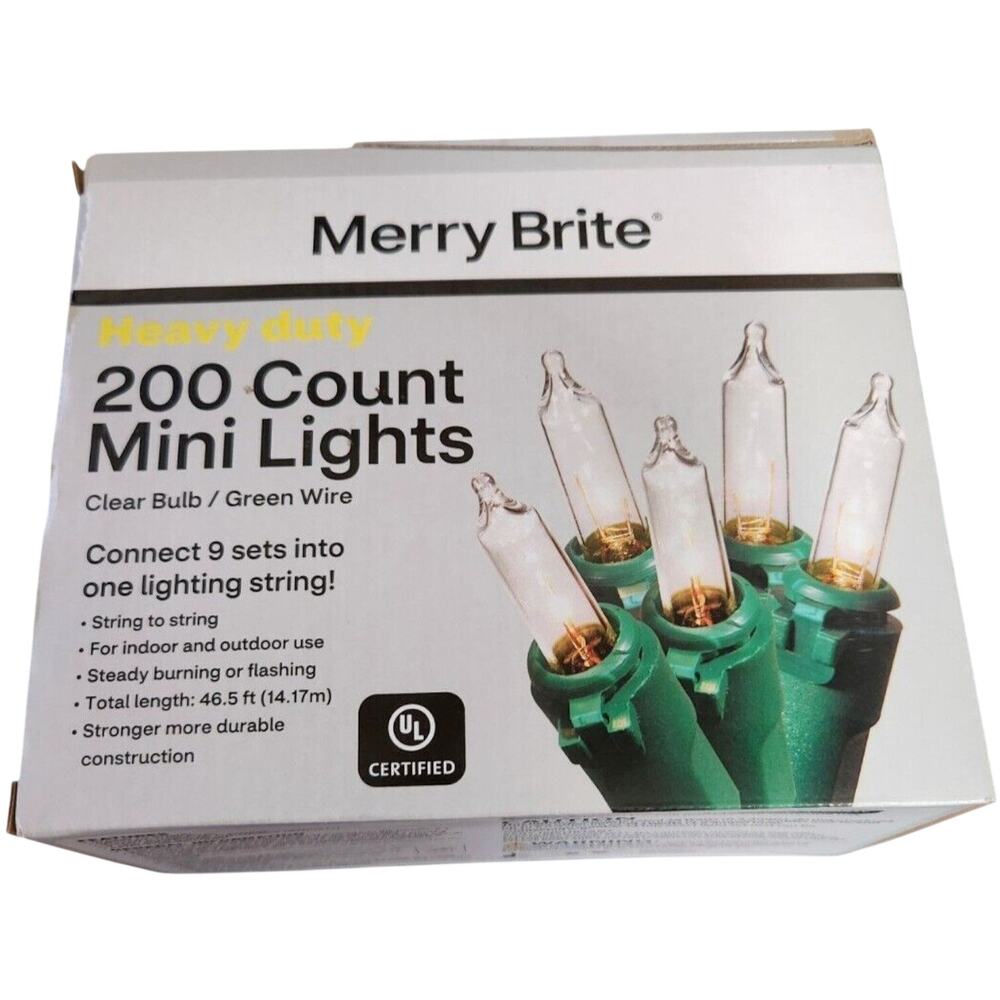 Merry Brite 200 HD Mini Lights – Clear Bulbs, Green Wire – 46.5 Ft – Connectable